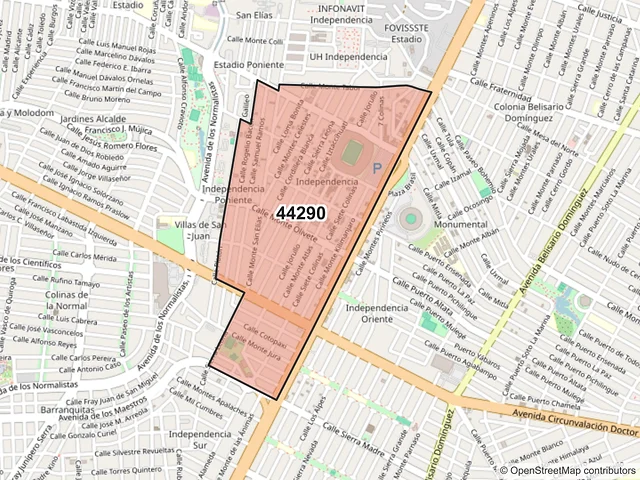 Mapa del código postal 44290, Guadalajara, Jalisco