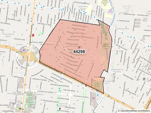Mapa del código postal 44298, Guadalajara, Jalisco
