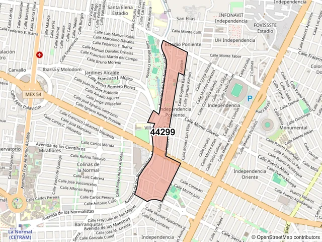 Mapa del código postal 44299, Guadalajara, Jalisco