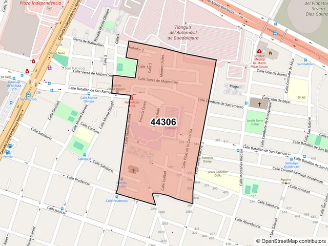 Mapa del código postal 44306, Guadalajara, Jalisco