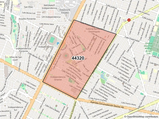 Mapa del código postal 44320, Guadalajara, Jalisco