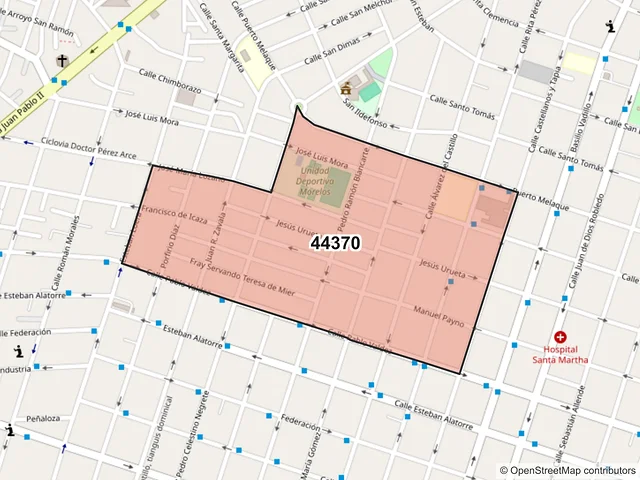 Mapa del código postal 44370, Guadalajara, Jalisco