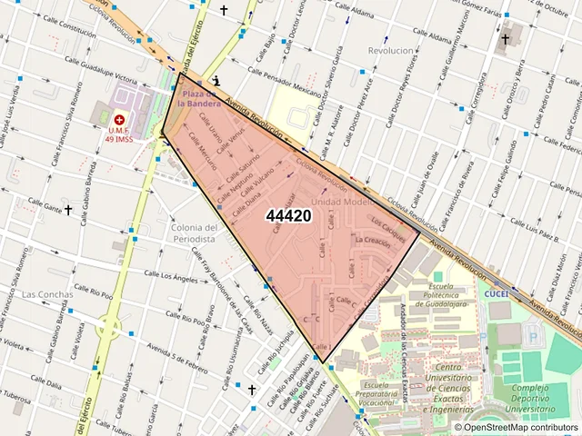 Mapa del código postal 44420, Guadalajara, Jalisco