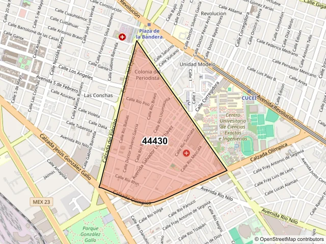 Mapa del código postal 44430, Guadalajara, Jalisco