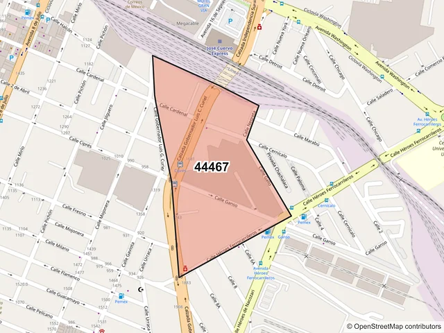 Mapa del código postal 44467, Guadalajara, Jalisco