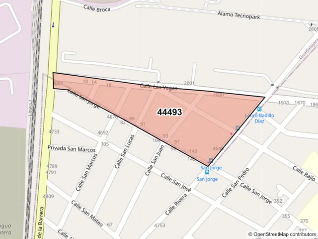 Mapa del código postal 44493, Guadalajara, Jalisco