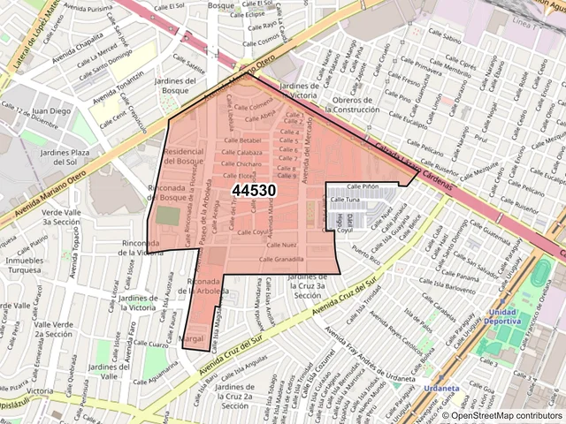 Mapa del código postal 44530, Guadalajara, Jalisco