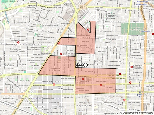 Mapa del código postal 44600, Guadalajara, Jalisco