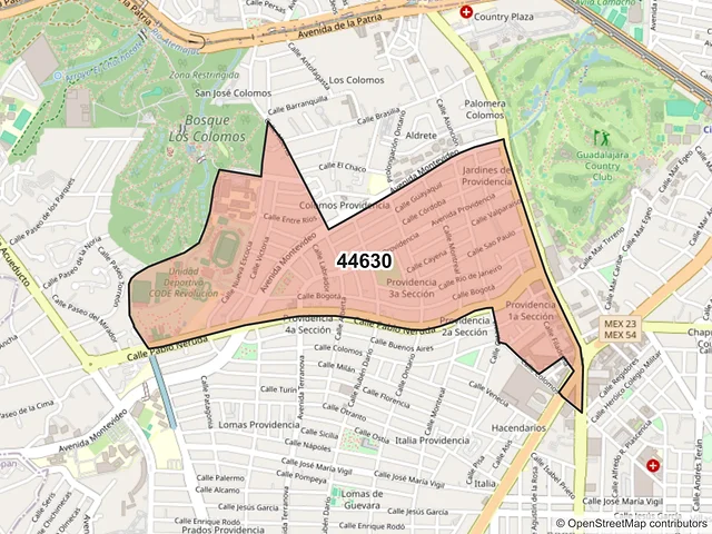 Mapa del código postal 44630, Guadalajara, Jalisco