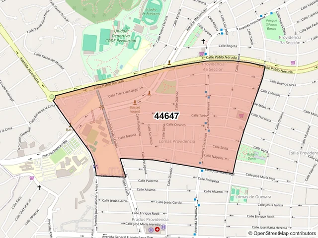 Mapa del código postal 44647, Guadalajara, Jalisco