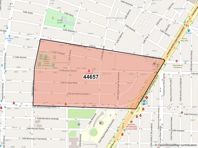 Mapa del código postal 44657, Guadalajara, Jalisco
