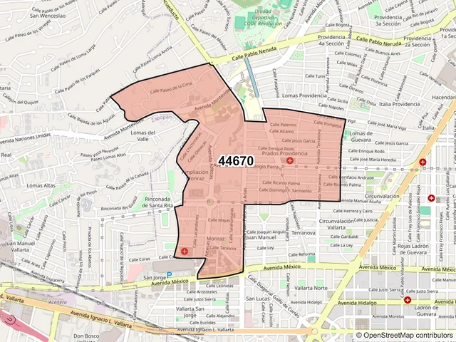 Mapa del código postal 44670, Guadalajara, Jalisco