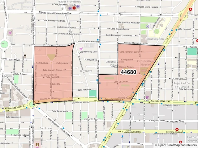 Mapa del código postal 44680, Guadalajara, Jalisco