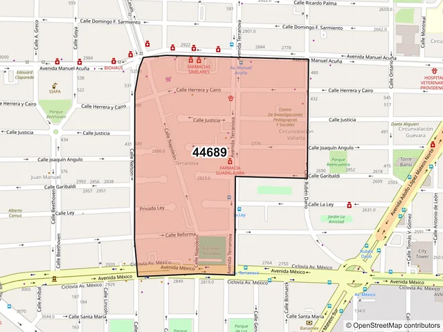 Mapa del código postal 44689, Guadalajara, Jalisco