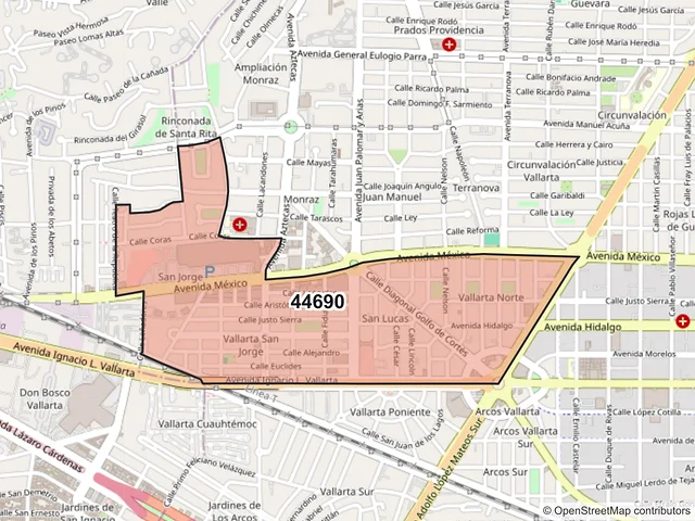 Mapa del código postal 44690, Guadalajara, Jalisco
