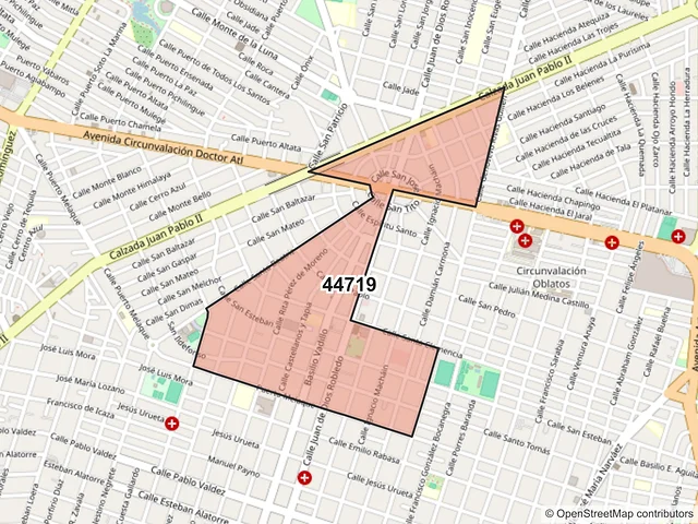 Mapa del código postal 44719, Guadalajara, Jalisco