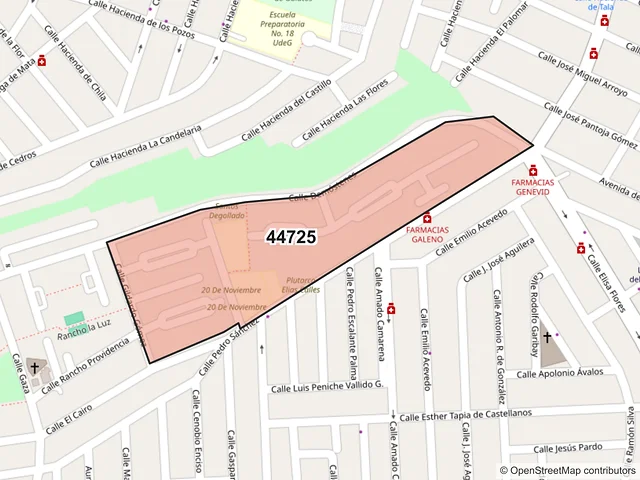 Mapa del código postal 44725, Guadalajara, Jalisco