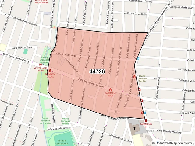 Mapa del código postal 44726, Guadalajara, Jalisco