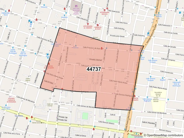 Mapa del código postal 44737, Guadalajara, Jalisco