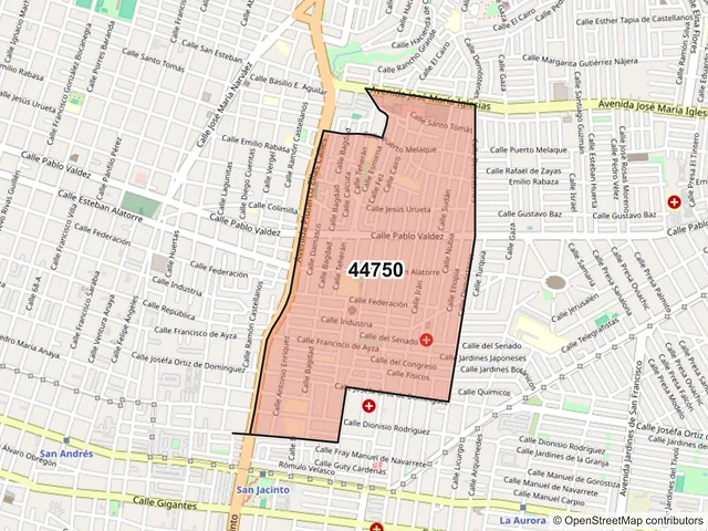 Mapa del código postal 44750, Guadalajara, Jalisco