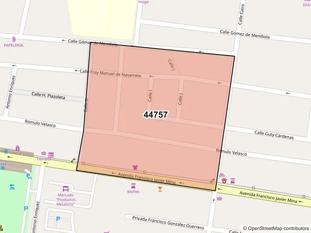 Mapa del código postal 44757, Guadalajara, Jalisco