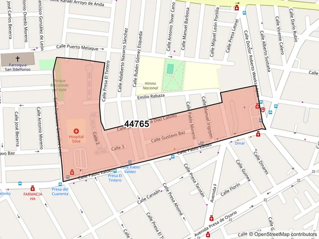 Mapa del código postal 44765, Guadalajara, Jalisco