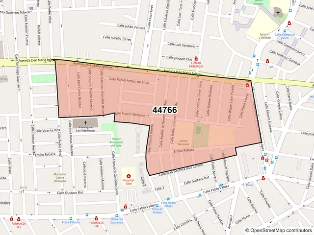 Mapa del código postal 44766, Guadalajara, Jalisco