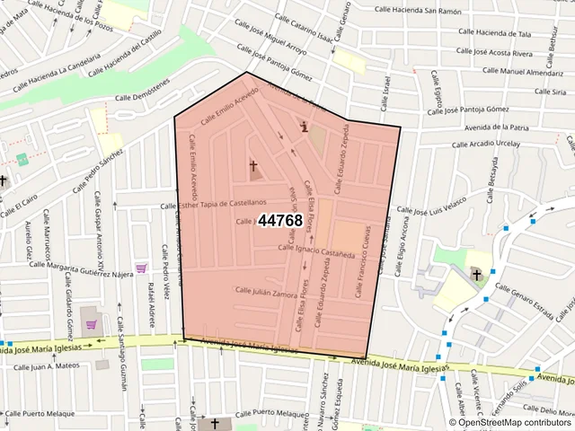 Mapa del código postal 44768, Guadalajara, Jalisco