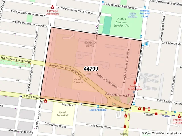 Mapa del código postal 44799, Guadalajara, Jalisco