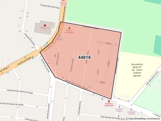 Mapa del código postal 44818, Guadalajara, Jalisco
