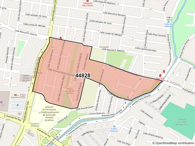 Mapa del código postal 44828, Guadalajara, Jalisco