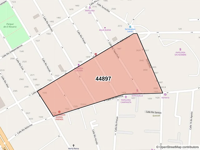 Mapa del código postal 44897, Guadalajara, Jalisco