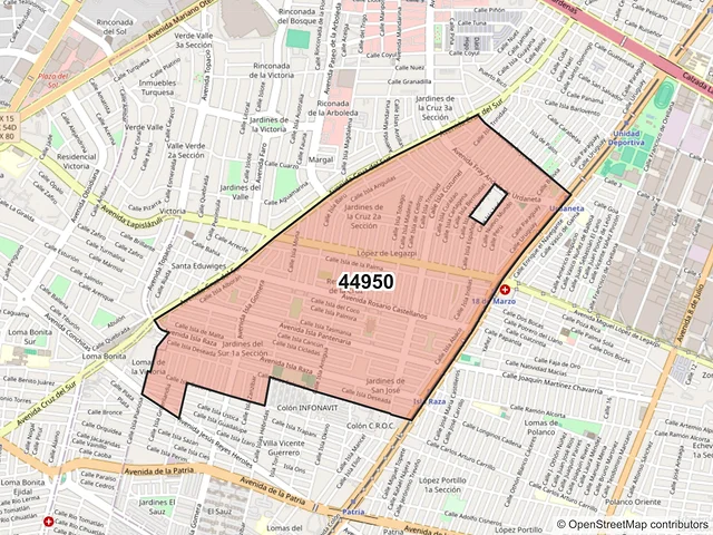 Mapa del código postal 44950, Guadalajara, Jalisco