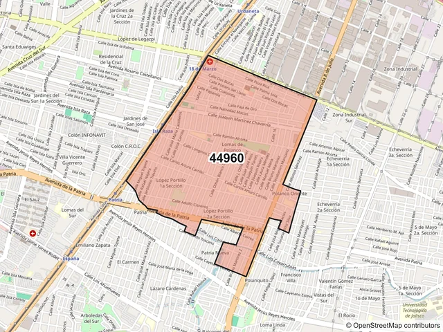 Mapa del código postal 44960, Guadalajara, Jalisco