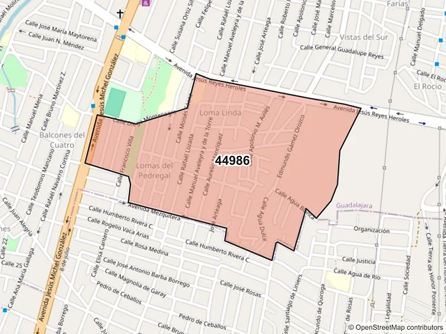 Mapa del código postal 44986, Guadalajara, Jalisco