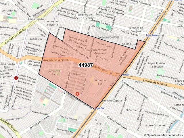 Mapa del código postal 44987, Guadalajara, Jalisco