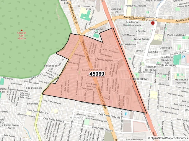 Mapa del código postal 45069, Zapopan, Jalisco