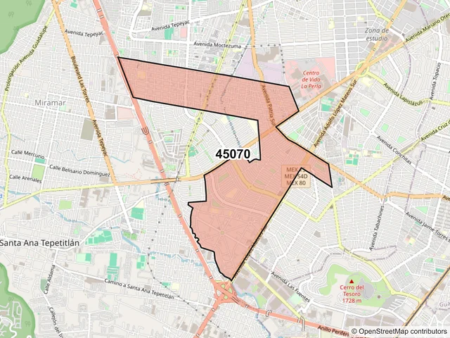 Mapa del código postal 45070, Zapopan, Jalisco