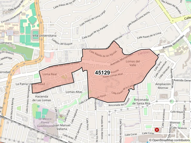 Mapa del código postal 45129, Zapopan, Jalisco
