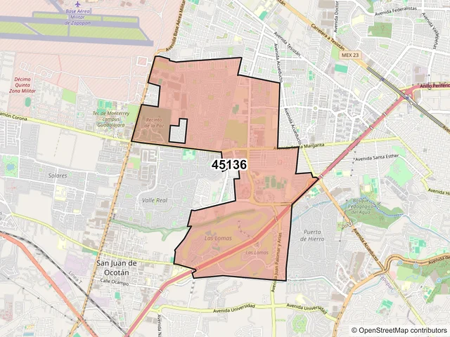 Mapa del código postal 45136, Zapopan, Jalisco