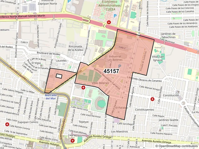 Mapa del código postal 45157, Zapopan, Jalisco