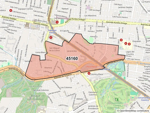 Mapa del código postal 45160, Zapopan, Jalisco