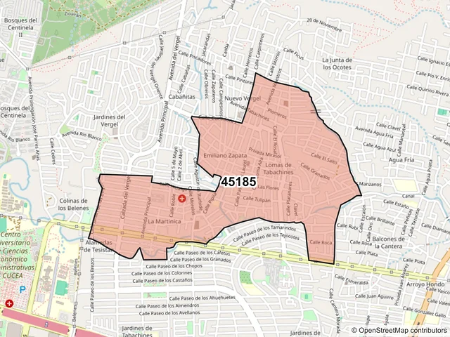 Mapa del código postal 45185, Zapopan, Jalisco