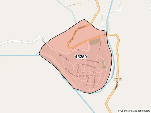 Mapa del código postal 45250, San Cristóbal de la Barranca, Jalisco
