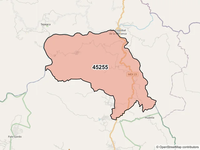 Mapa del código postal 45255, San Cristóbal de la Barranca, Jalisco