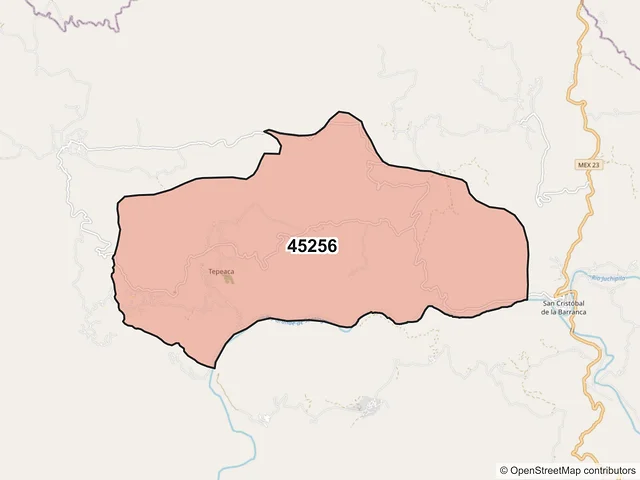 Mapa del código postal 45256, San Cristóbal de la Barranca, Jalisco