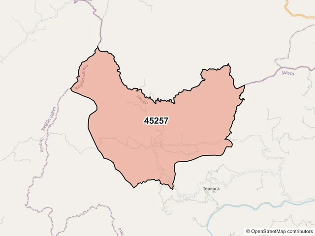Mapa del código postal 45257, San Cristóbal de la Barranca, Jalisco