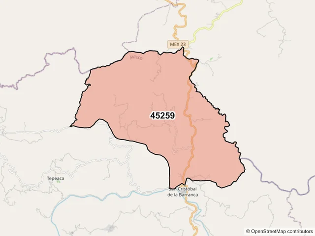 Mapa del código postal 45259, San Cristóbal de la Barranca, Jalisco