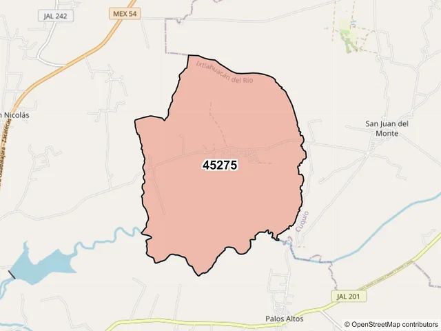 Mapa del código postal 45275, Ixtlahuacán del Río, Jalisco