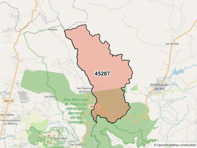 Mapa del código postal 45287, Ixtlahuacán del Río, Jalisco
